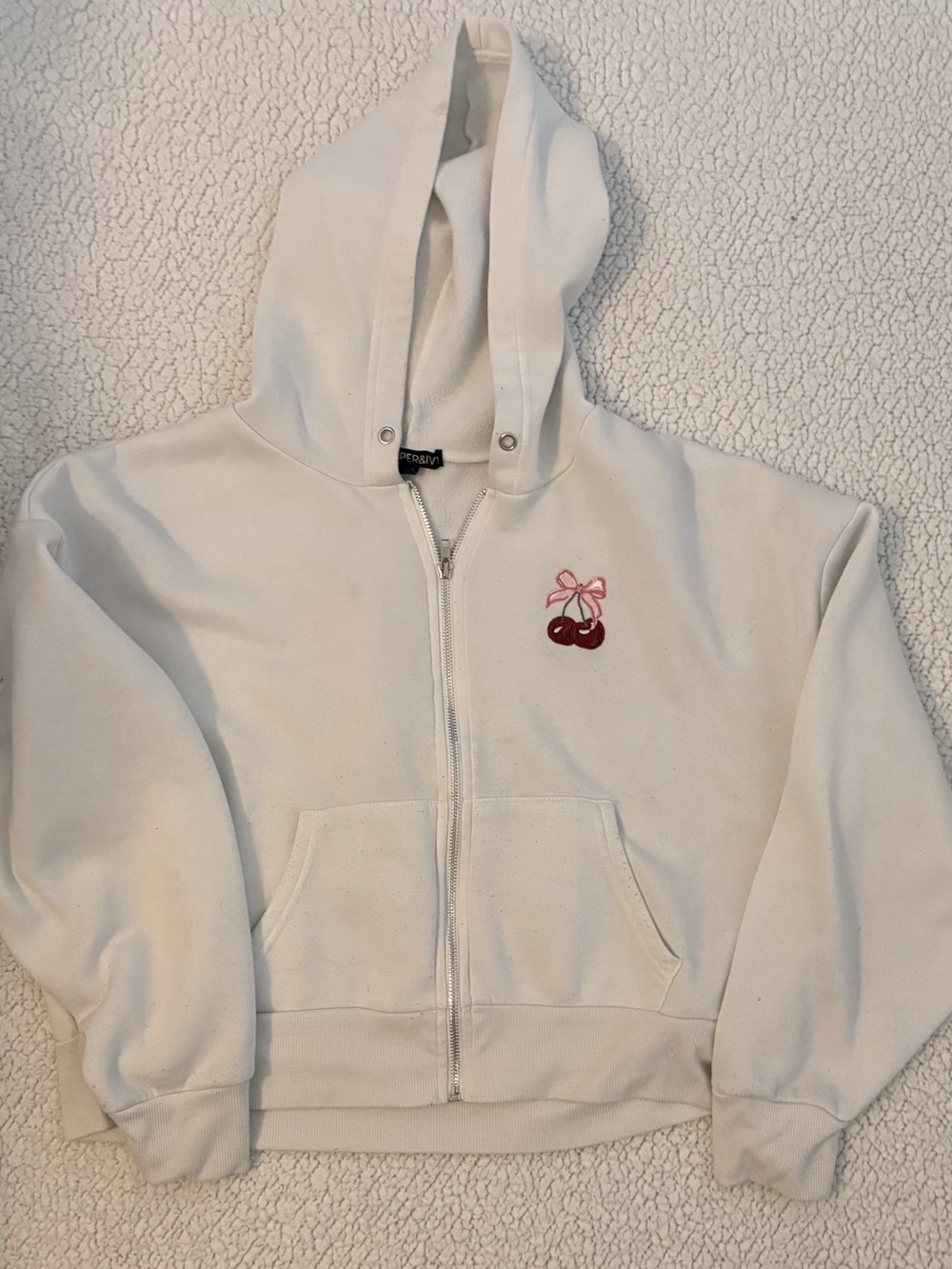 Cherry Graphic Cropped Hoodie in White Like New